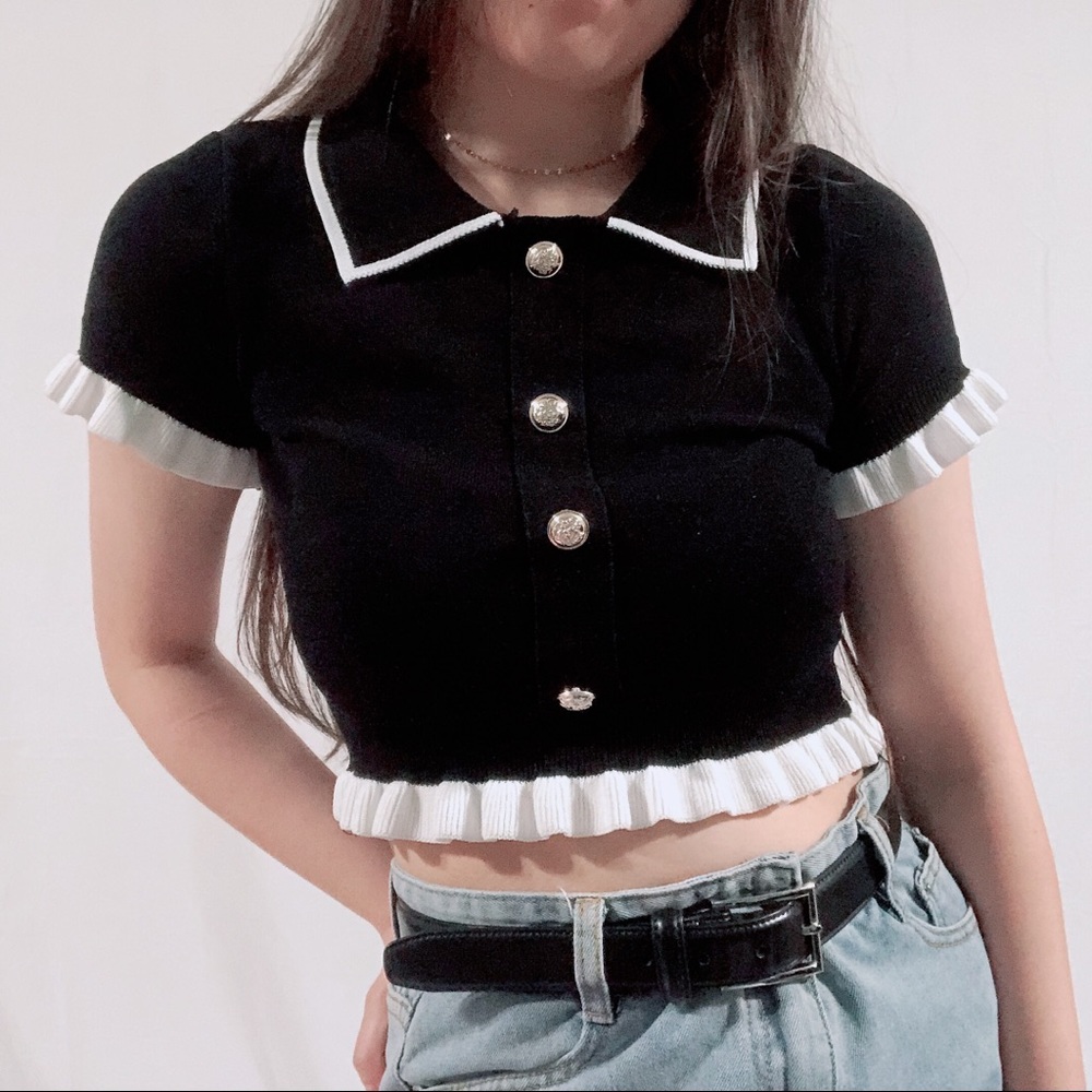 Ruffle Hem Collar Polo Black Crop Top Gold Buttons